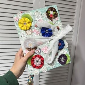 White and Green Lace Junk Journal with Handmade Fabric Flowers